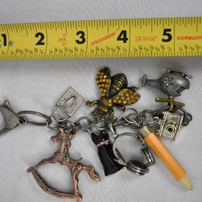 Keychain/Clip w/ 8 Charms: Dress, Headphones, Pencil, Camera, Bee, Lock, & More