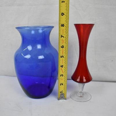 2 Glass Vases: 1 Blue 1 Red