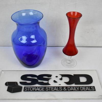 2 Glass Vases: 1 Blue 1 Red