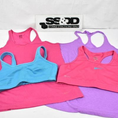 4pc Women's Active Wear sz XL: Nike Pink Bra & Top, Turquoise Bra, UA Purple Top