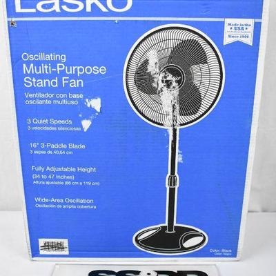 Lasko Oscillating Multi-Purpose Stand Fan, Black. Open Package