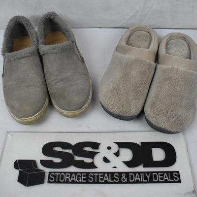 2 pairs of Shoes, Women's Size 8.5, Gray Slip-Ons & Taupe Slippers