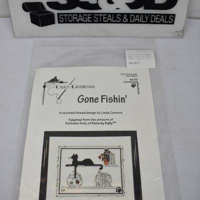 Gone Fishin Cat - Calico Crossroads Cross Stitch Pattern with Linen Fabric - New