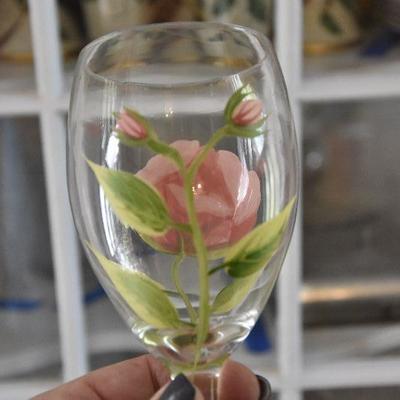 D Lot 122: Handpainted Rose Wine Glasses