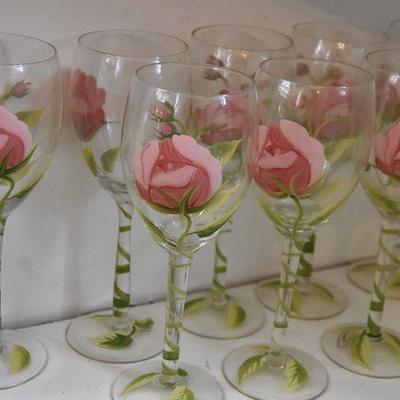 D Lot 122: Handpainted Rose Wine Glasses
