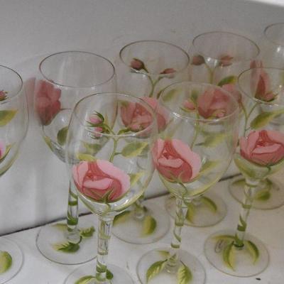 D Lot 122: Handpainted Rose Wine Glasses