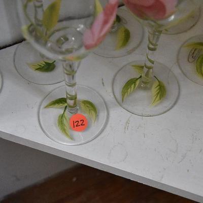 D Lot 122: Handpainted Rose Wine Glasses