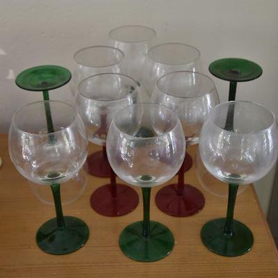 P Lot 134: Red and Green Stemmed Wine Glasses