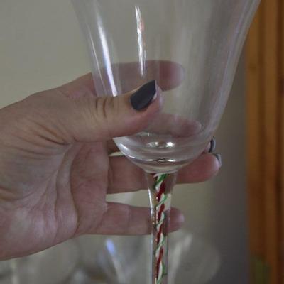 P Lot 135: Red and Green Swirled Glass Stemmed Glasses