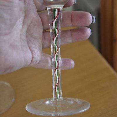 P Lot 135: Red and Green Swirled Glass Stemmed Glasses