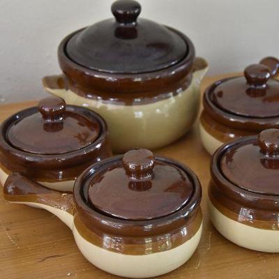 P Lot 142: Bean Crock and 4 Serving Crocks
