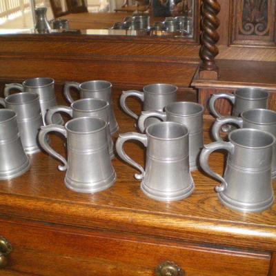 12 Vintage Pewter Mugs