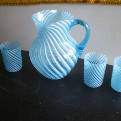 Vintage Fenton Blue Swirl Opalescent Pitcher with 3 Glasses