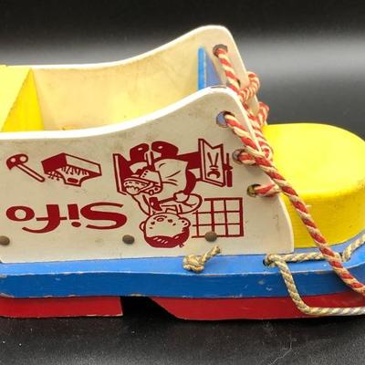 Vintage Toy Shoe for practicing lace tying, lace threading, and wood peg pounding (no hammer)