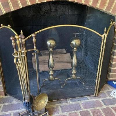 Lot #280 brass Fireplace Andirons and Tools 