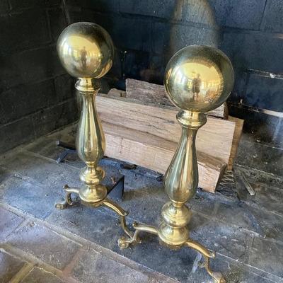 Lot #280 brass Fireplace Andirons and Tools 