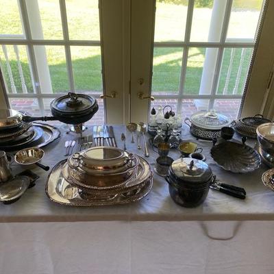 Lot # 291 Large lot of silver plate serving pieces