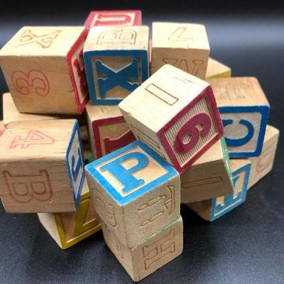 Vintage wooden Building Blocks, ABC's, 123,s, shapes, colors Learning Aid 37 blocks