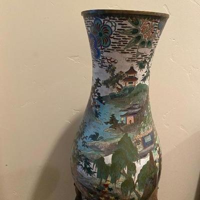 Signed Cloisonne Asian 17-3/4" Tall Vase
