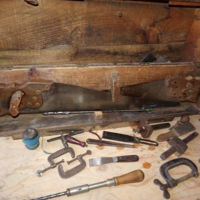 LOT 2  ANTIQUE WOODEN TOOL CHEST W/TOOLS