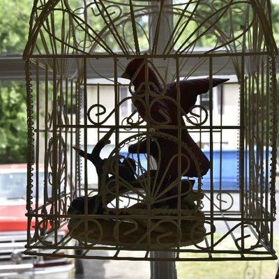 P Lot 188: Hanging Birdcage with Cardinal Figurine