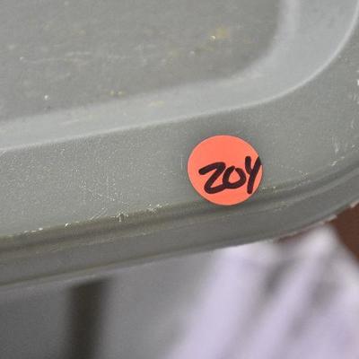 P Lot 204: Bin of Christmas Orniments and Trim