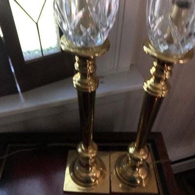 P Lot 94: Pair of Vintage Brass and Glass Candlestick Lamps