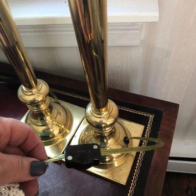 P Lot 94: Pair of Vintage Brass and Glass Candlestick Lamps