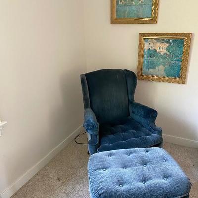 Lot # 297 Upholstered chair and ottoman and wall art
