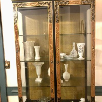 Drexel Chinoiserie Black Laquer Fruitwood China Cabinet