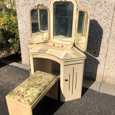Child's Vanity and bench, art deco / hollywood regency style, made for corner