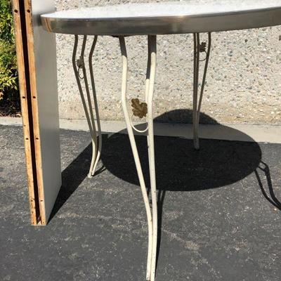 Vintage Chromcraft table with 6 painted iron chairs (2 with arms), cream colored, floral design Soda Fountain style