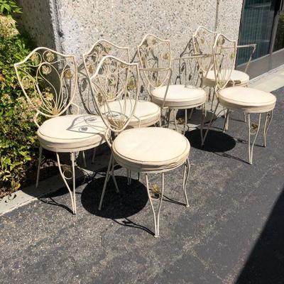 Vintage Chromcraft table with 6 painted iron chairs (2 with arms), cream colored, floral design Soda Fountain style
