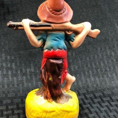 Blo-mold Plastic Hillbilly Gnome Figurine sitting on stump with rifle over shoulders, 7