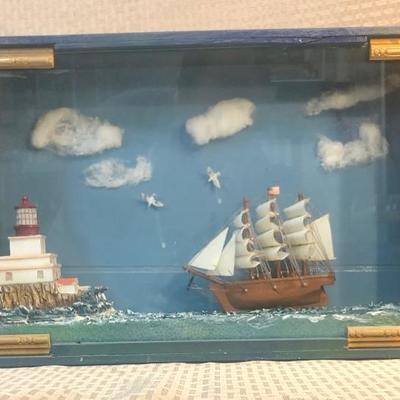 Framed Ship and Lighthouse Diorama