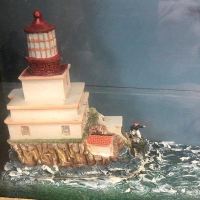 Framed Ship and Lighthouse Diorama
