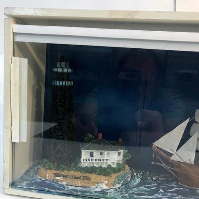 Framed Nautical Diorama Ship and Lighthouse 