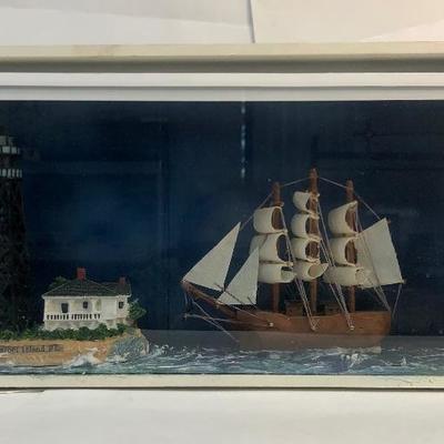 Framed Nautical Diorama Ship and Lighthouse 