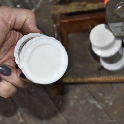 Up G Lot 21: Vintage Milkglass Spice Bottles and Shelf