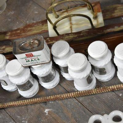 Up G Lot 21: Vintage Milkglass Spice Bottles and Shelf