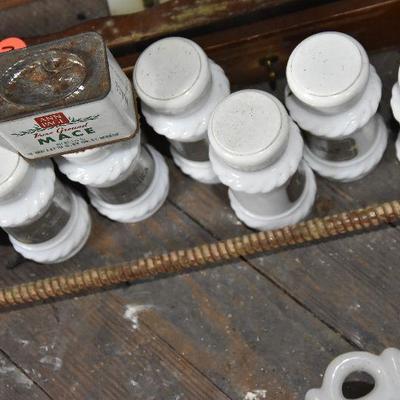 Up G Lot 21: Vintage Milkglass Spice Bottles and Shelf