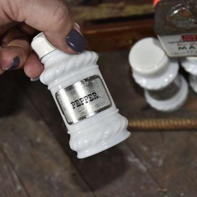 Up G Lot 21: Vintage Milkglass Spice Bottles and Shelf