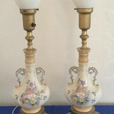 Vintage Pair of Victorian Porcelain Lamps with White Milk Glass Shades