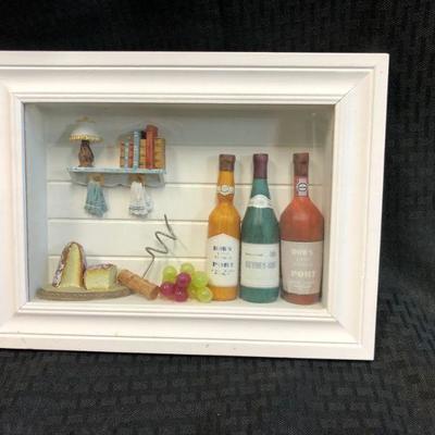 Miniature Kitchen Scene in 3D white frame with small bottles, miniature bread, wine grapes, corkscrew and shelf