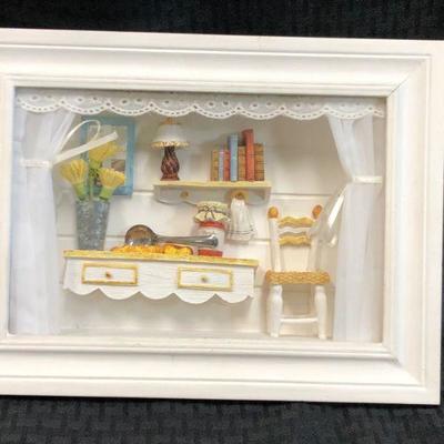 Miniature Kitchen Scene in 3D white frame w/ dollhouse miniatures 12" x 9" x 2.5'