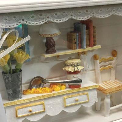 Miniature Kitchen Scene in 3D white frame w/ dollhouse miniatures 12" x 9" x 2.5'