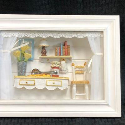 Miniature Kitchen Scene in 3D white frame w/ dollhouse miniatures 12" x 9" x 2.5'