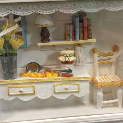 Miniature Kitchen Scene in 3D white frame w/ dollhouse miniatures 12" x 9" x 2.5'