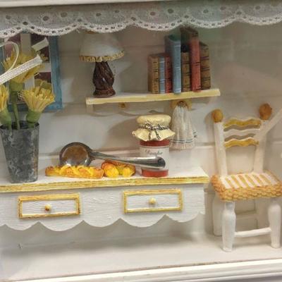 Miniature Kitchen Scene in 3D white frame w/ dollhouse miniatures 12