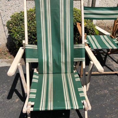 Antique Vintage Green Striped fabric and wood folding Beach Chairs